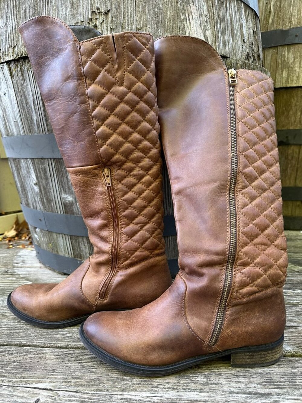 Steve Madden Northside Leather Quilted Riding Boots Brown Cognac Knee High 9.5